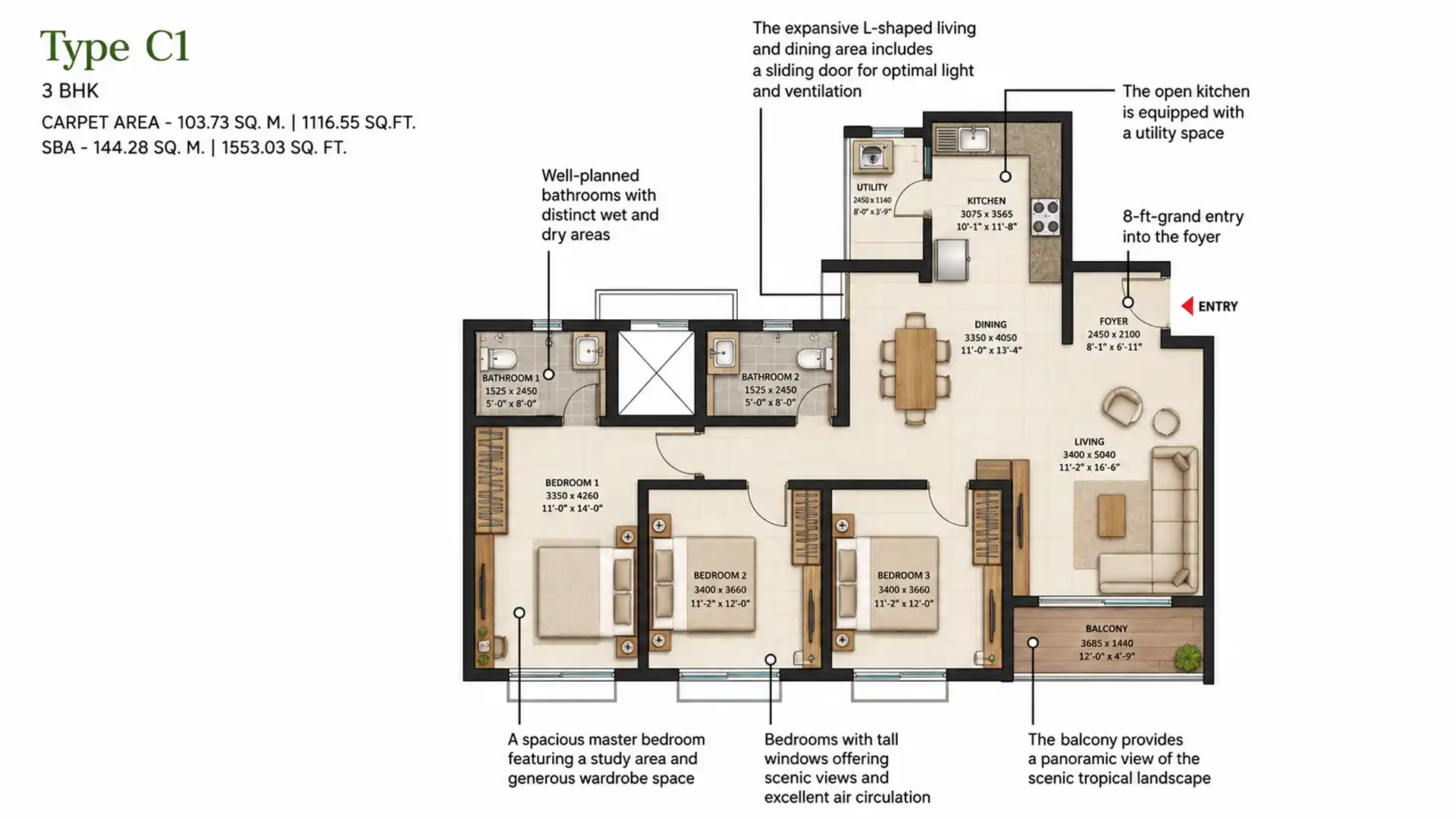 3BHK 1553 sq.ft Floor Plan