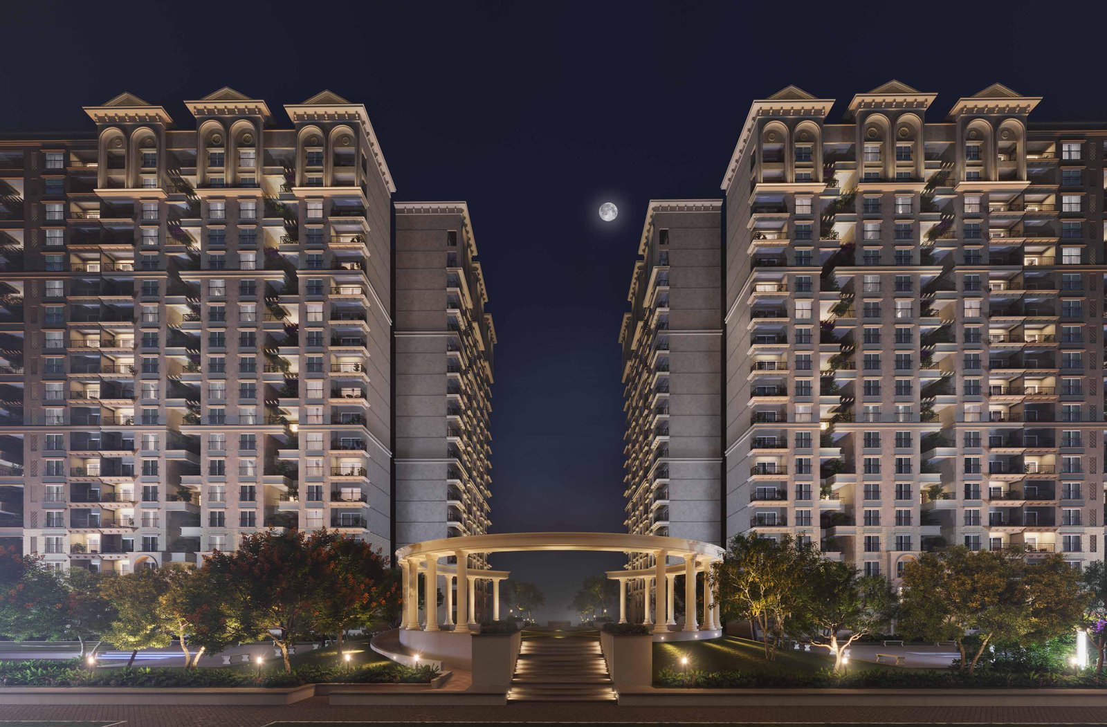 Modern apartment buildings with glass facades and a clear sky